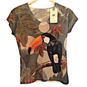 XSmall Energia Naturals Toucan T-Shirt Nature Sequins Bling Bird V Neck NEW